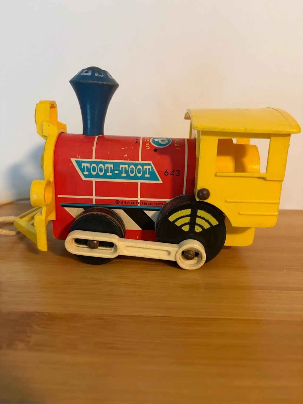 Vintage Fisher Price Toot-Toot Red Yellow Pull-Along Wooden Train Toy #643. 1964